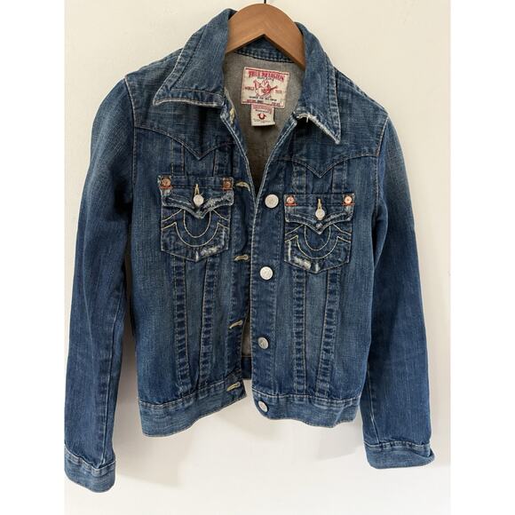 Vtg Y2K True Religion Jimmy Fitted Denim Jean Jacket Distressed Womens Size XS - Picture 2 of 13